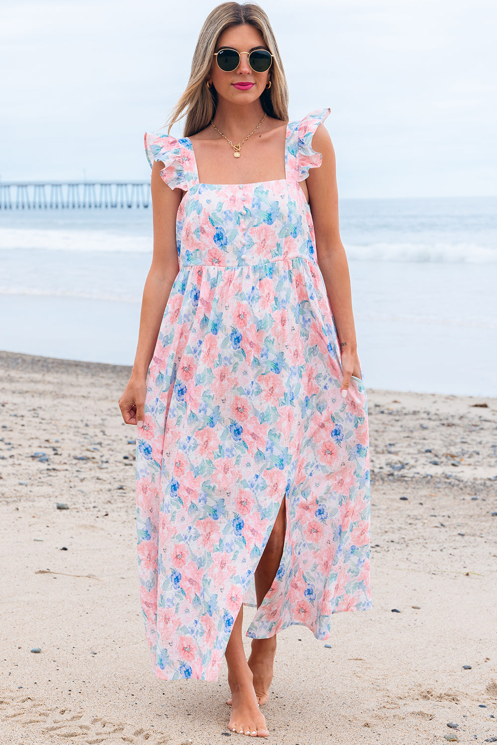 Nataly Floral Square Neck Backless Long Dress