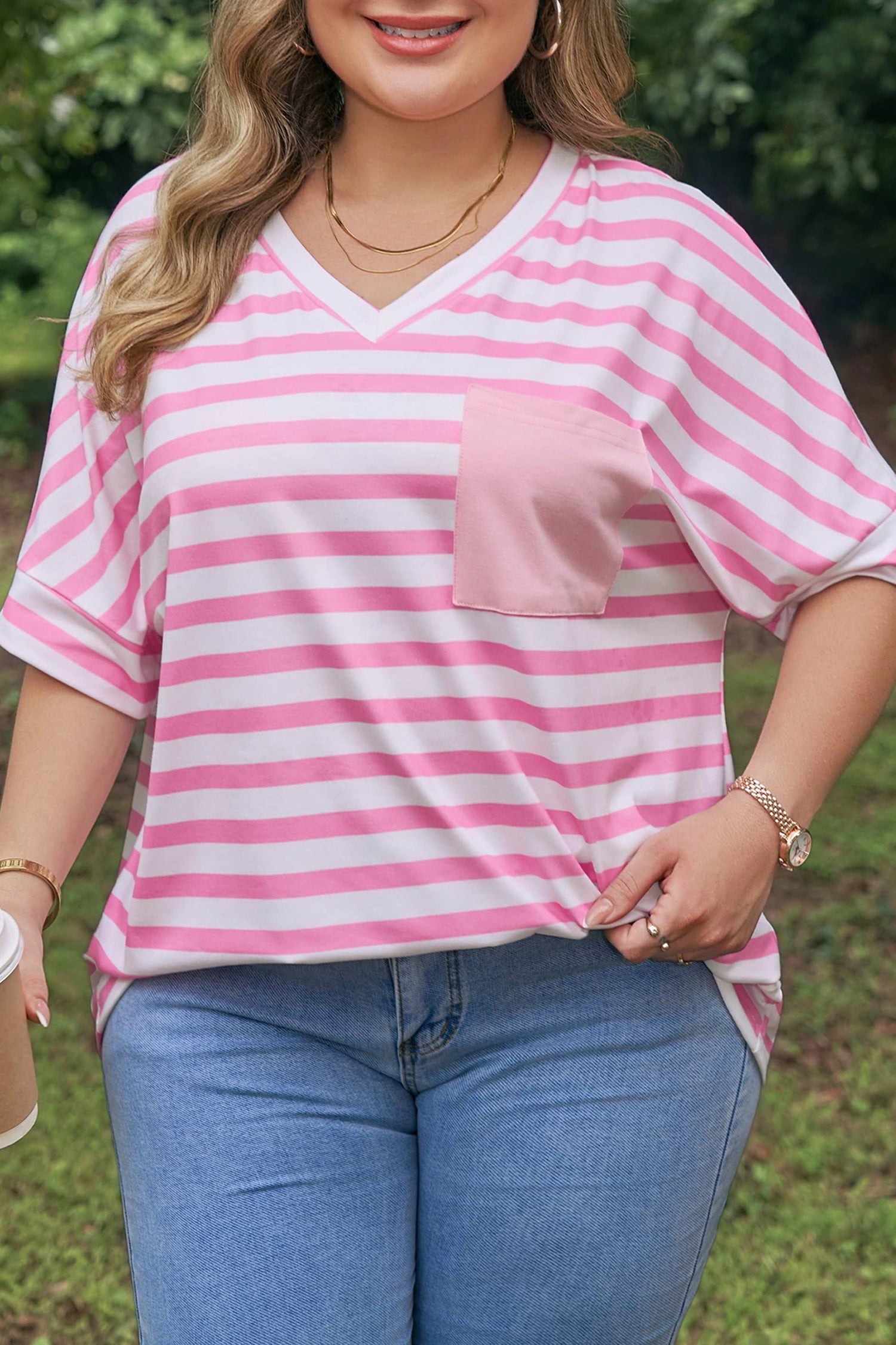 Ivanna Stripe Colorblock Patched PLUS Tee