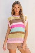 Jamie Stripe Crochet Cap Sleeve Loose Fit Sweater Top