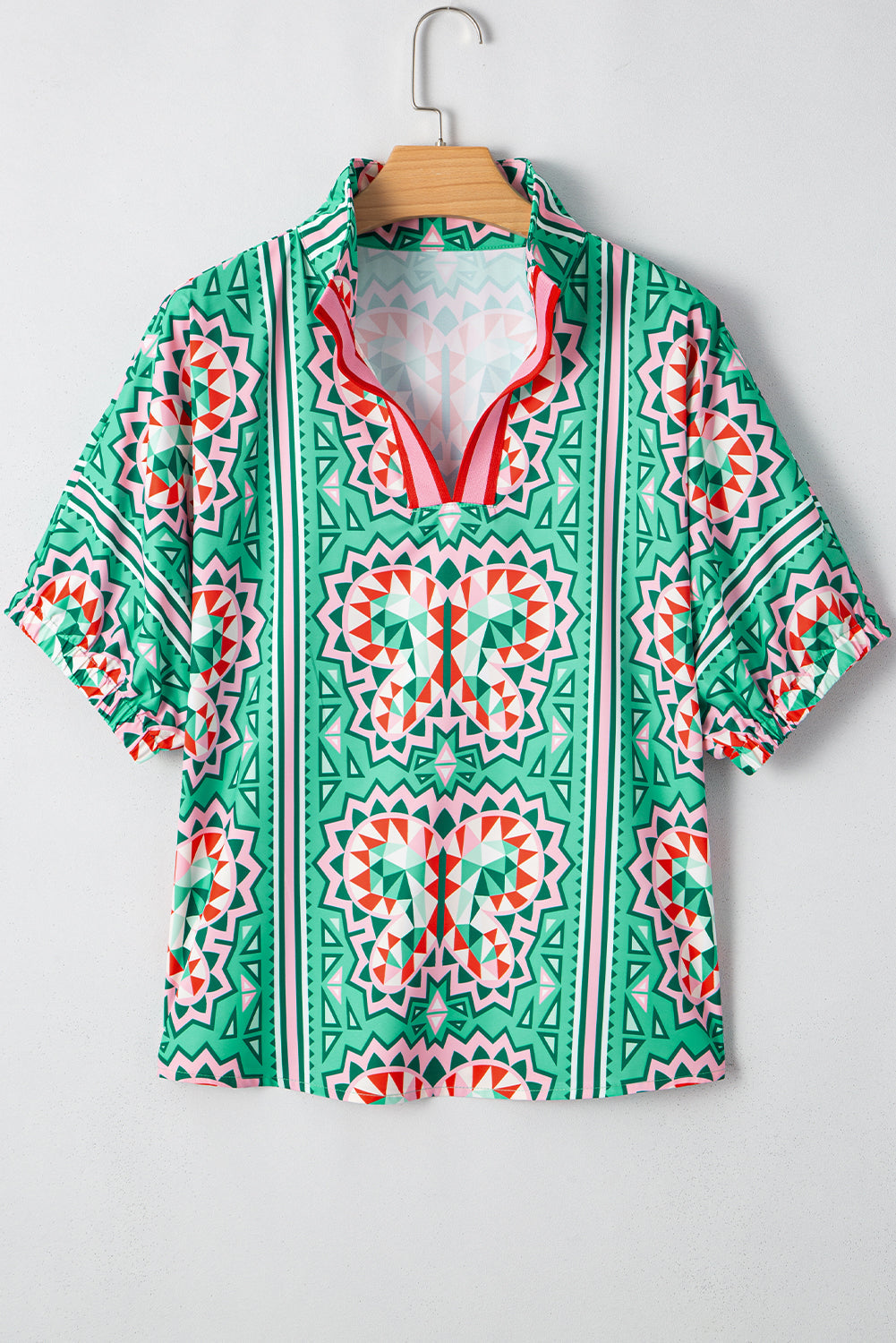 Kamiyah Boho Abstract Striped Collared V Neck Blouse