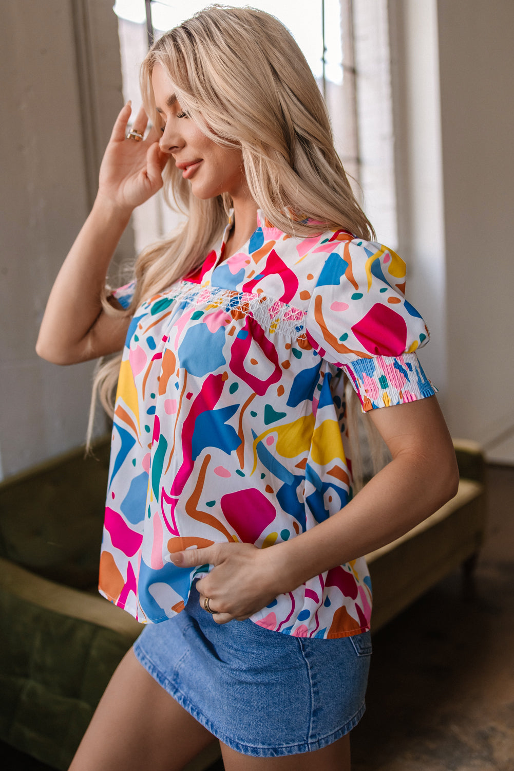 Harper Shirred Short Sleeve Blouse