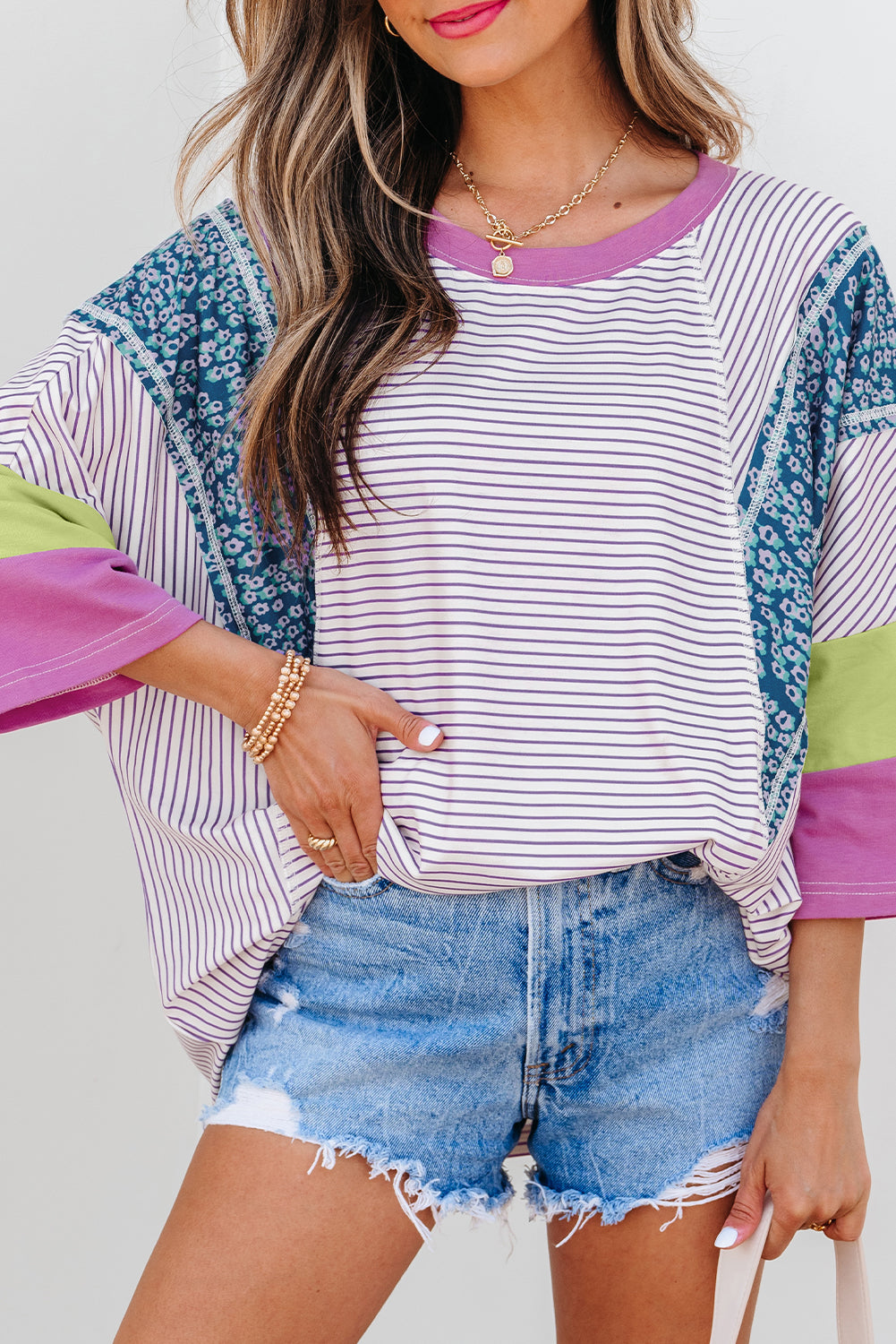 Kyra Patchwork Bracelet Sleeve Blouse