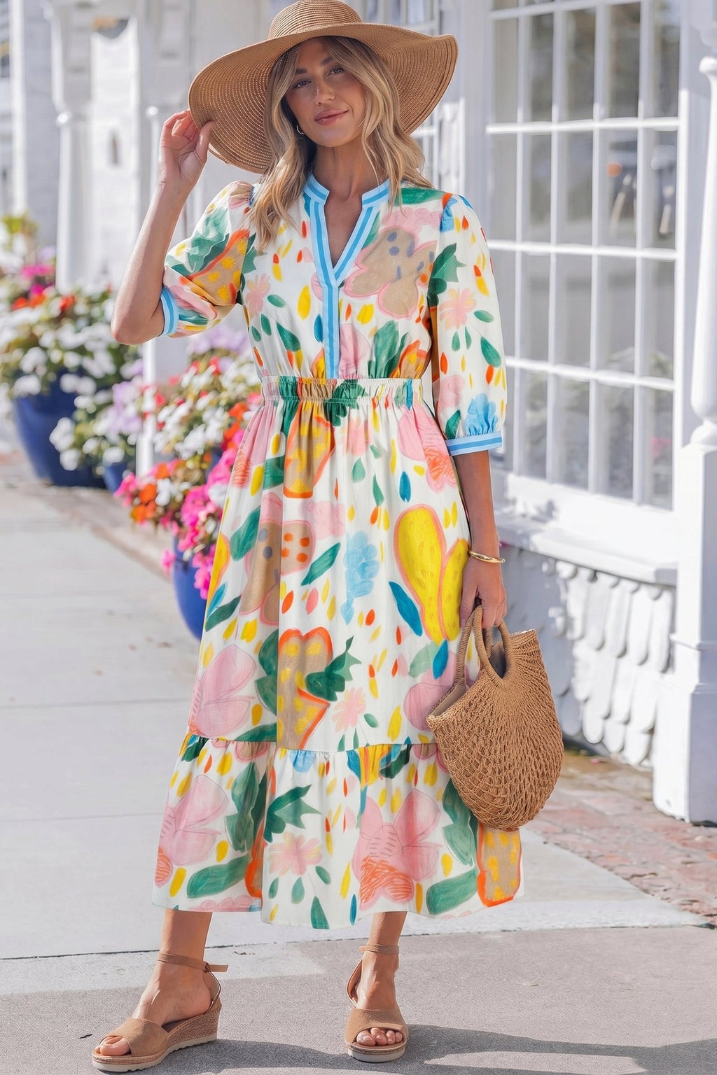 Angel Striped Trim Midi Dress