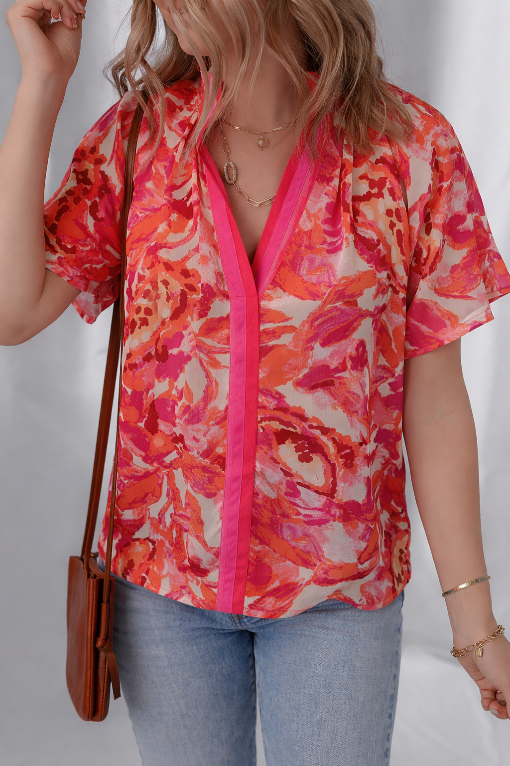 Rosalyn Print Striped Trim Blouse