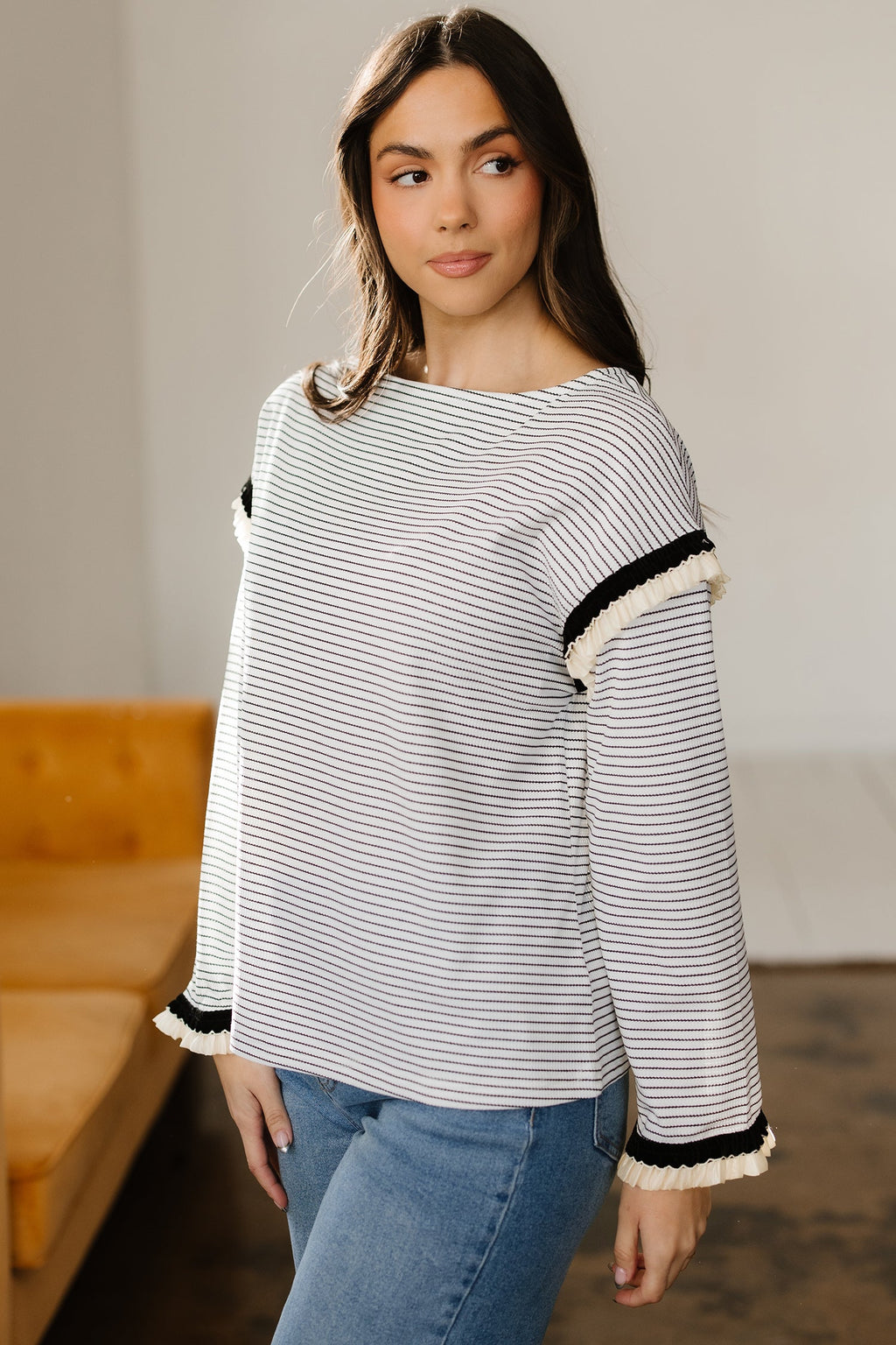 Anya Ruffle Trim Loose Long Sleeve Top