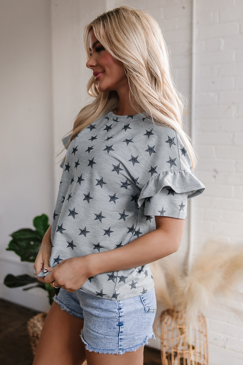 Joelle Star Ruffled Sleeve Crew Neck Top