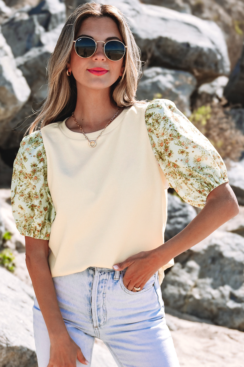 Rayne Floral Bubble Sleeve Patchwork Ribbed Top