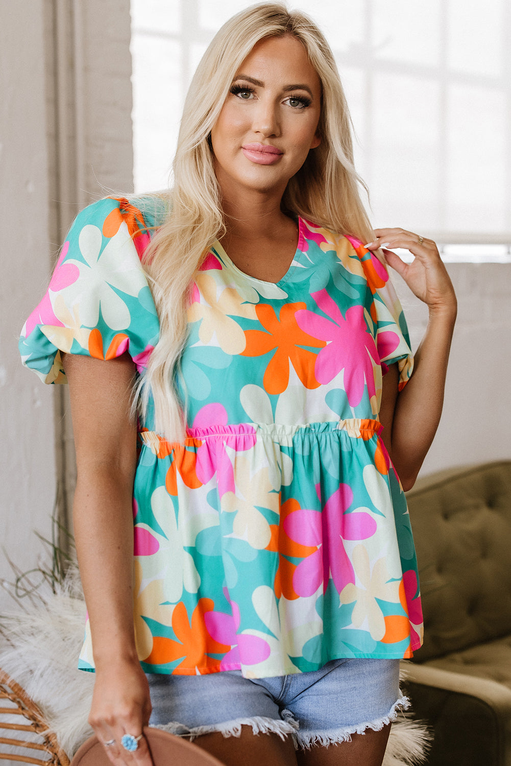 Kathryn Bubble Sleeve Peplum Blouse