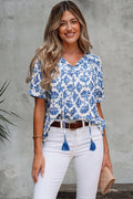 Grace Geometric Tassel Drawstring V Neck Blouse