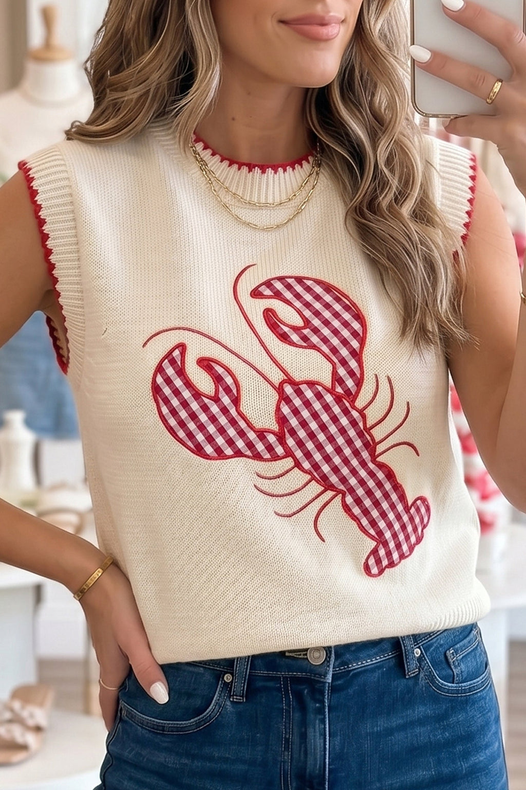 Emmeline Plaid Crawfish Knit Sweater