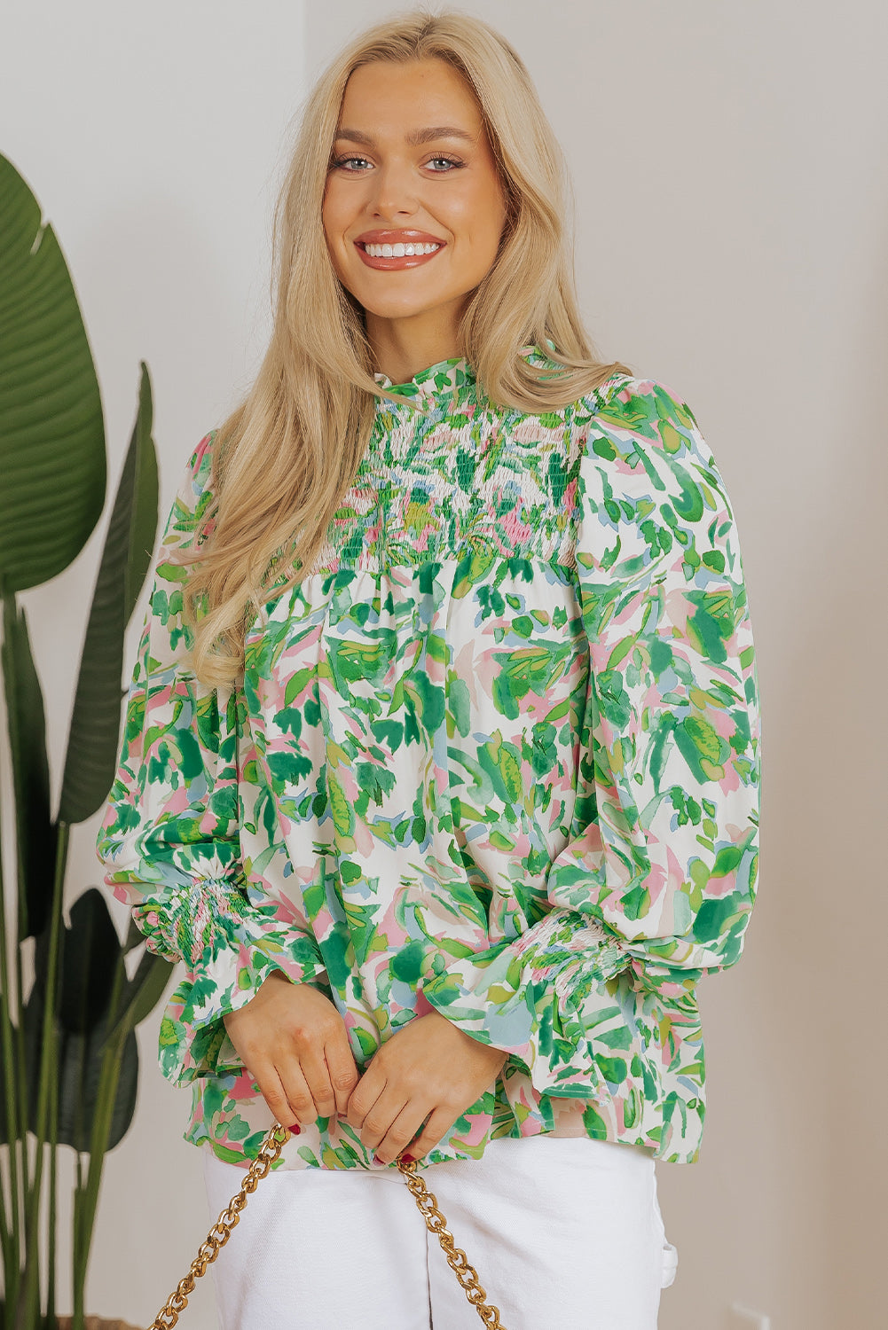 Milena Sleeve Shirred Mock Blouse