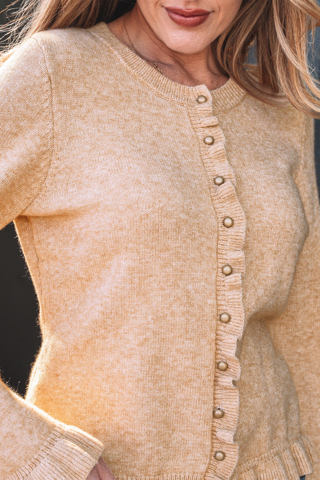 Yamileth Oatmeal Ruffle Trim Sweater
