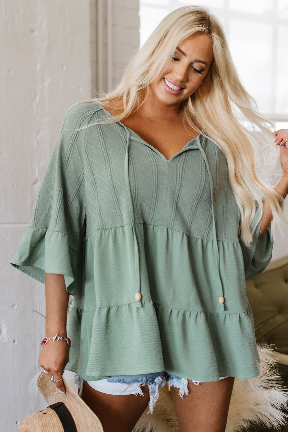 Ensley Tie Split Neck Textured Ruffle Patchwork Blouse