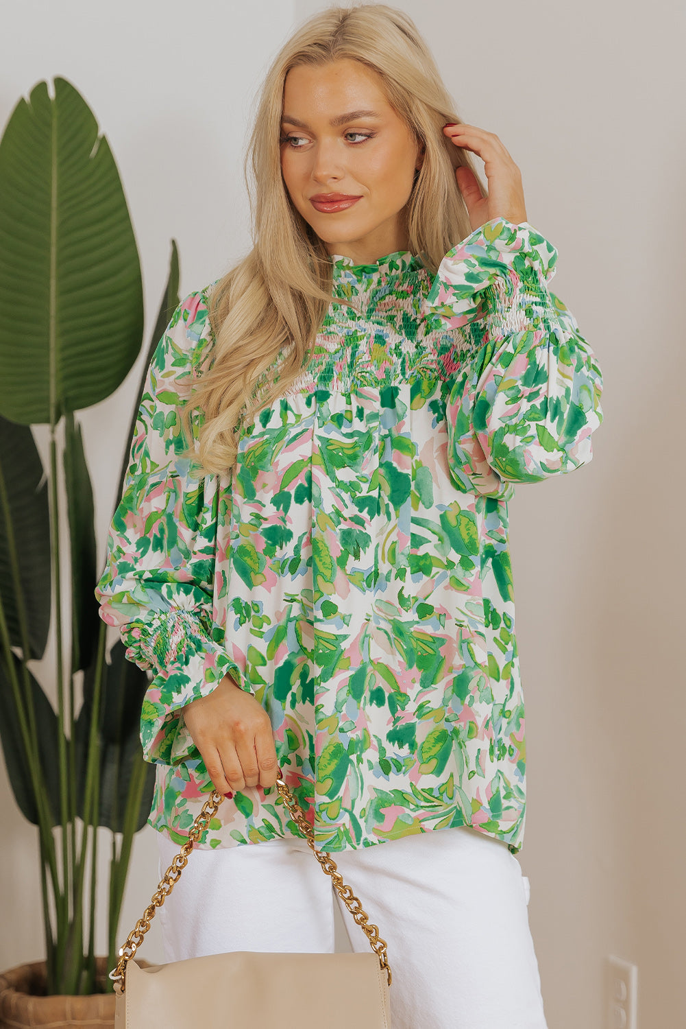 Milena Sleeve Shirred Mock Blouse
