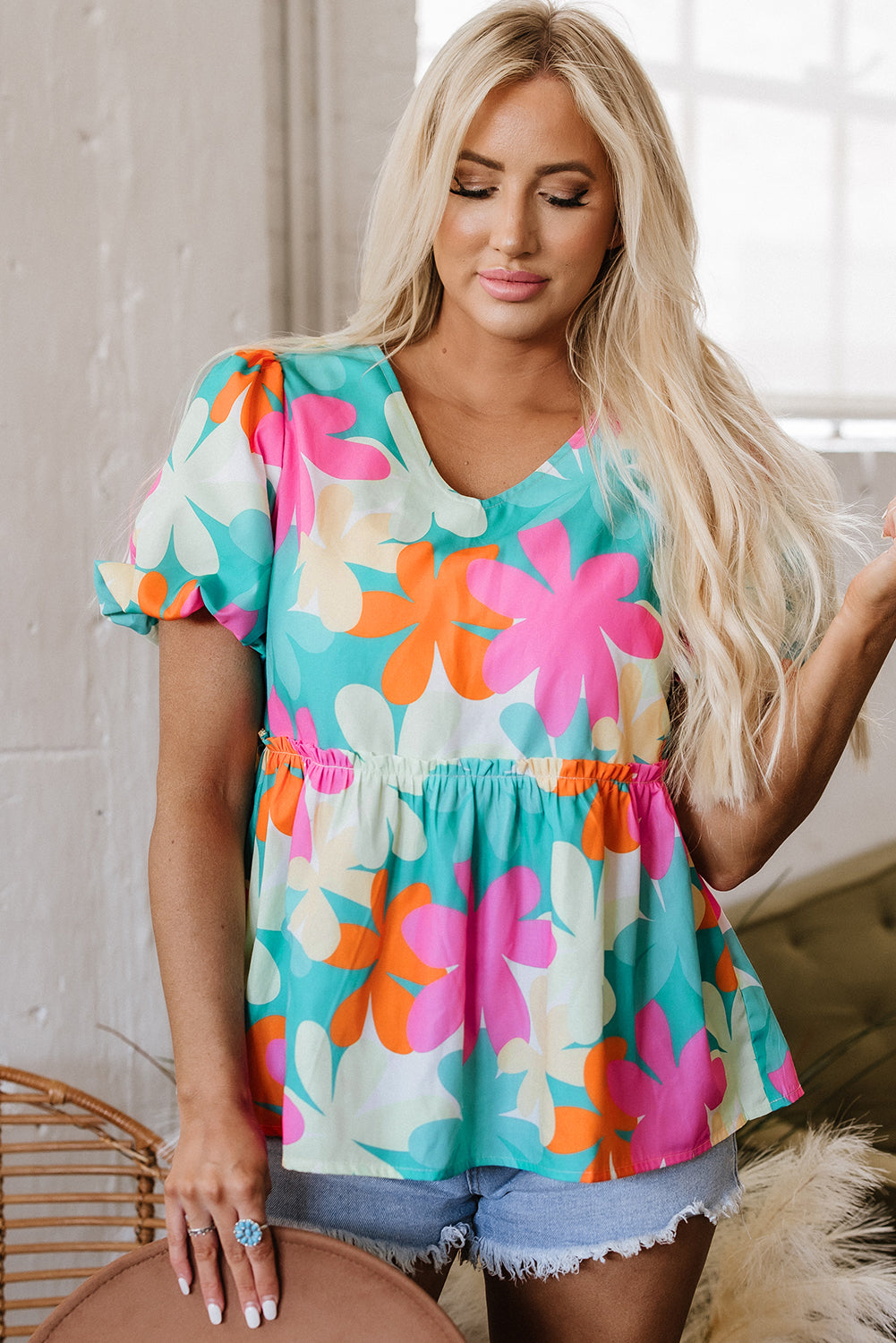 Kathryn Bubble Sleeve Peplum Blouse