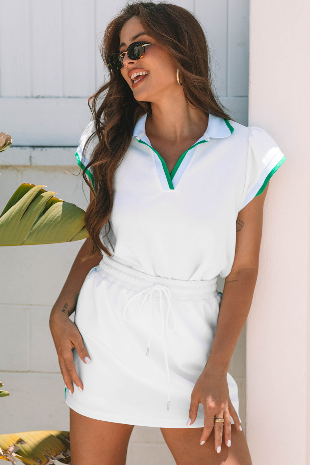 Emily Edge Cap Sleeve Collared Top 2 Piece Skirt Set