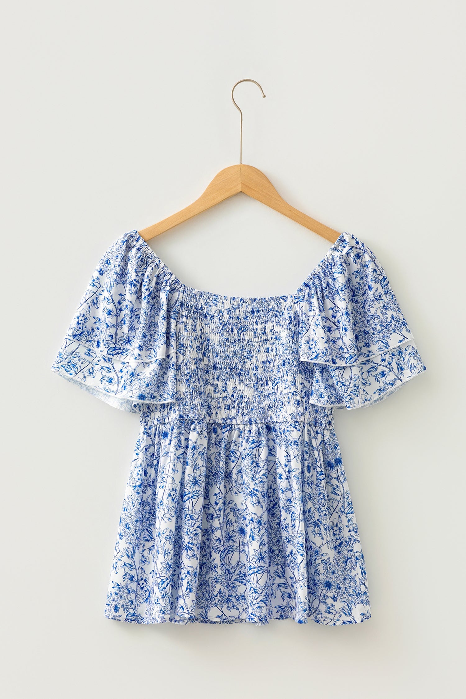Sky Blue Floral Print Square Neck Ruffled Sleeve Shirred Babydoll Blouse