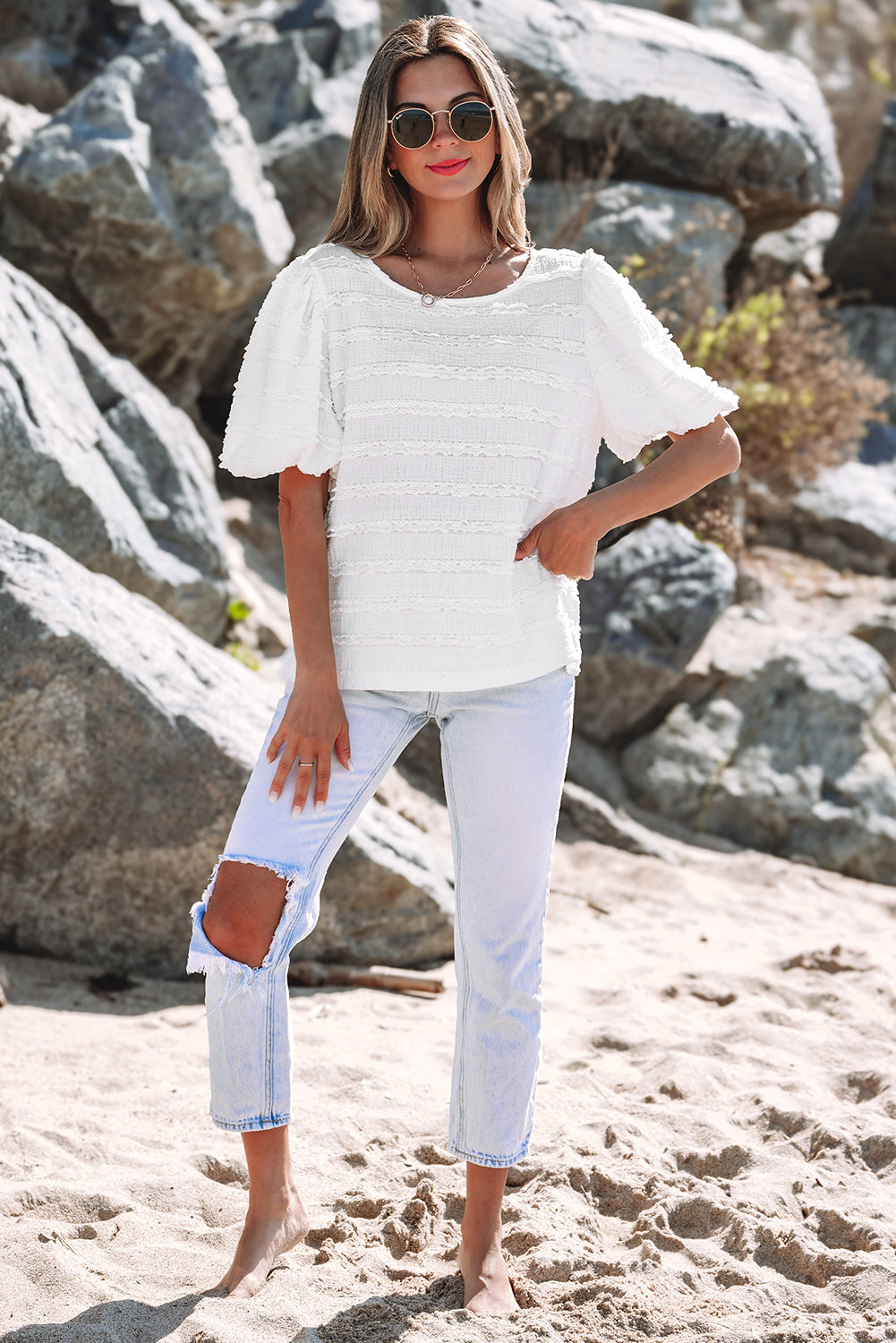 Luella Frilled Lace Trim Bubble Sleeve Blouse