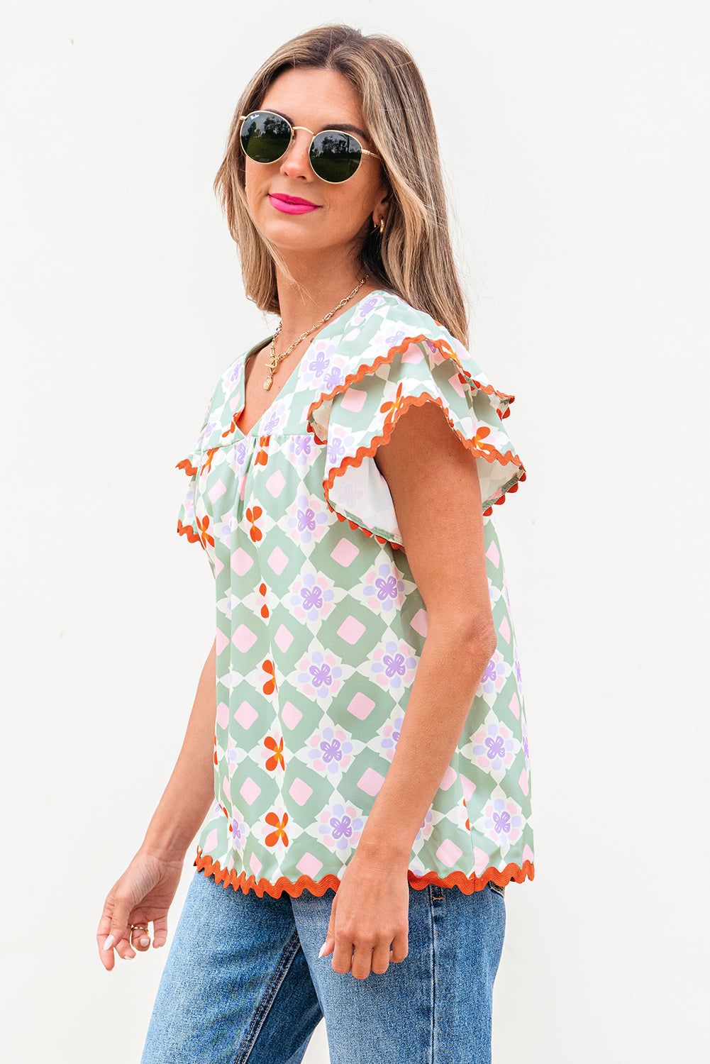Belen Floral Layered Flutter Sleeve Rac Trim Blouse