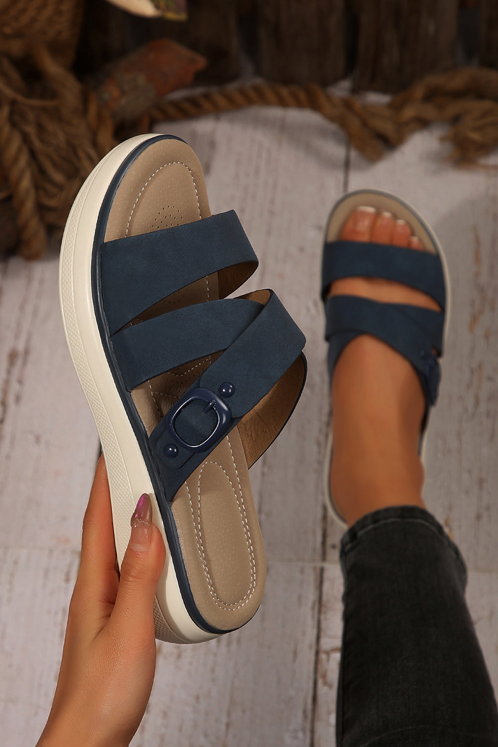 Stefanie Cross Wedge Slippers