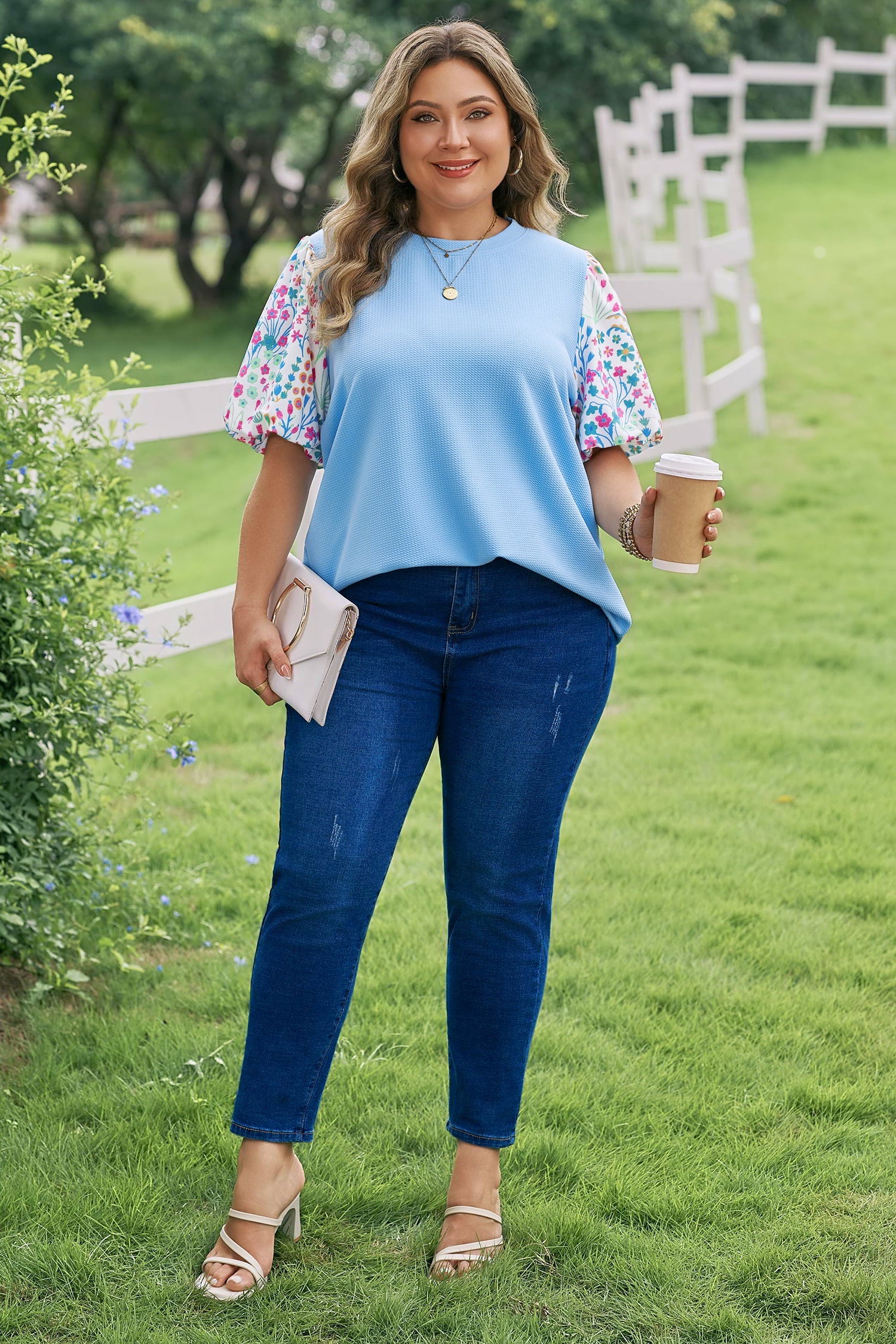 Raelynn Contrast Floral Sleeve PLUS Top