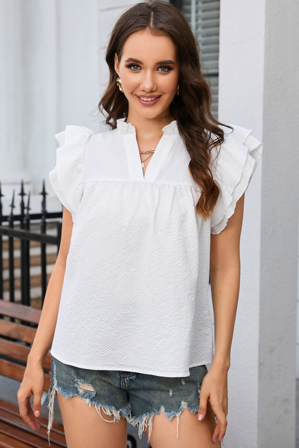 Eileen Ruffle Accent Flutter Sleeve Notch Neck Top