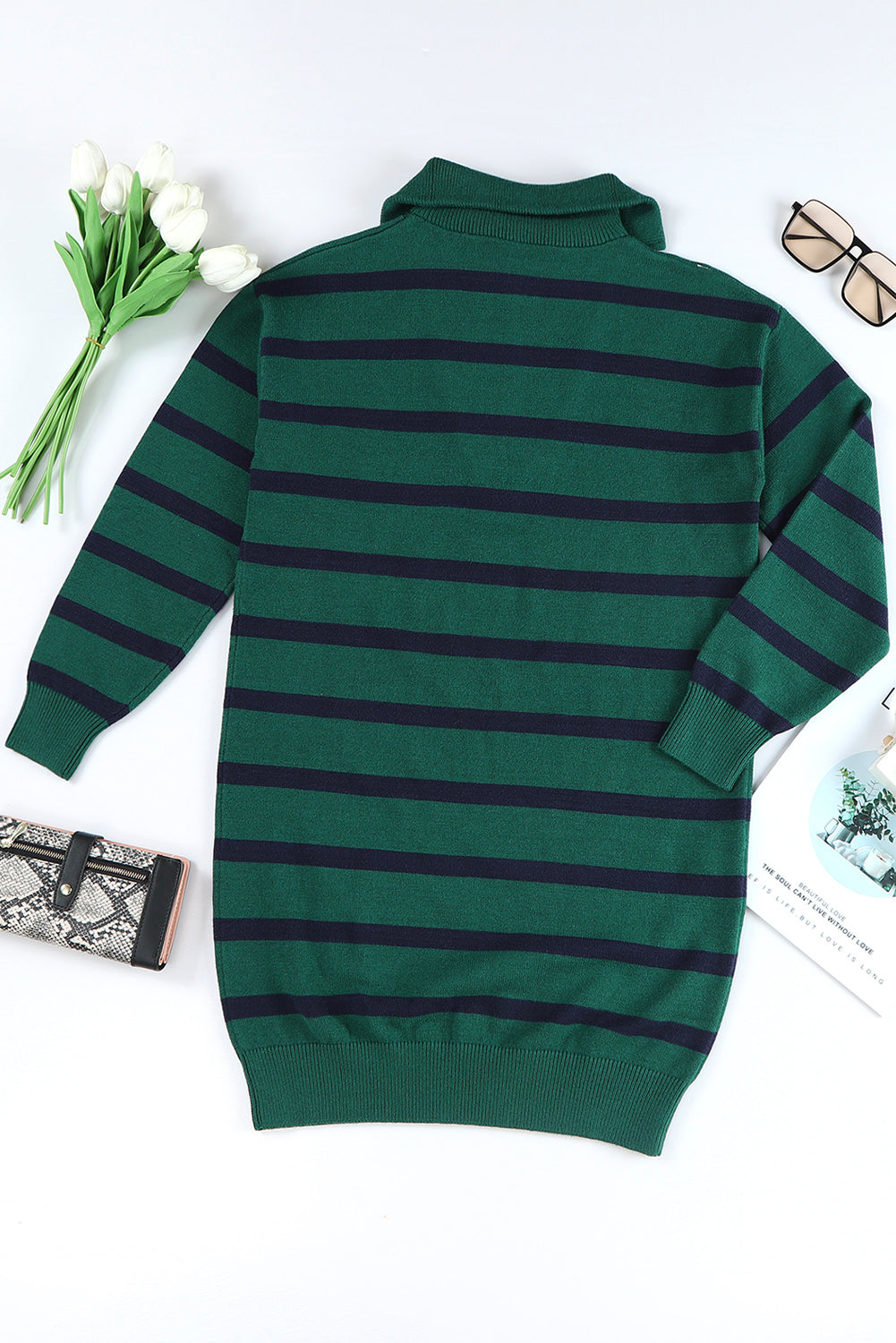 Iris Striped Zip Collared Loose Sweater Mini Dress