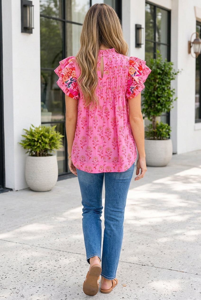 Rose Red Floral Print Pleated Ruffled Flutter Sleeve Blouse