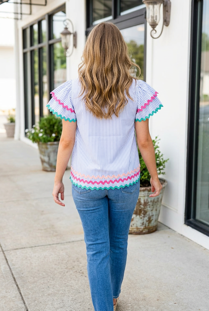 Sky Blue Stripe Ricrac Trim Split Neck Striped Ruffled Sleeve Blouse