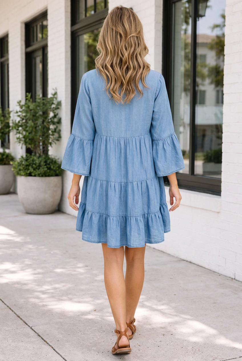 Sky Blue Chambray Ruffled 3/4 Sleeve Tiered Split V Neck Mini Dress