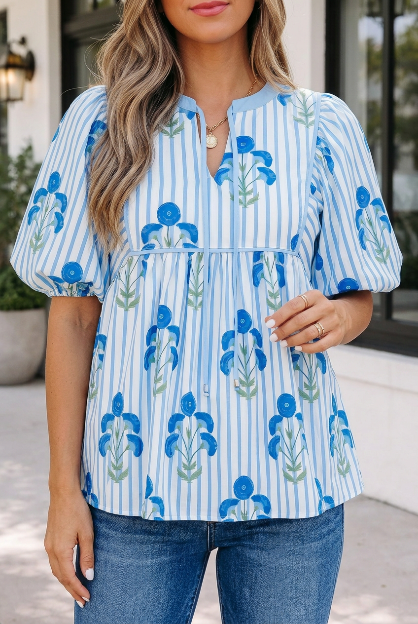 Sky Blue Floral Print Tie Neck Puff Sleeve Blouse
