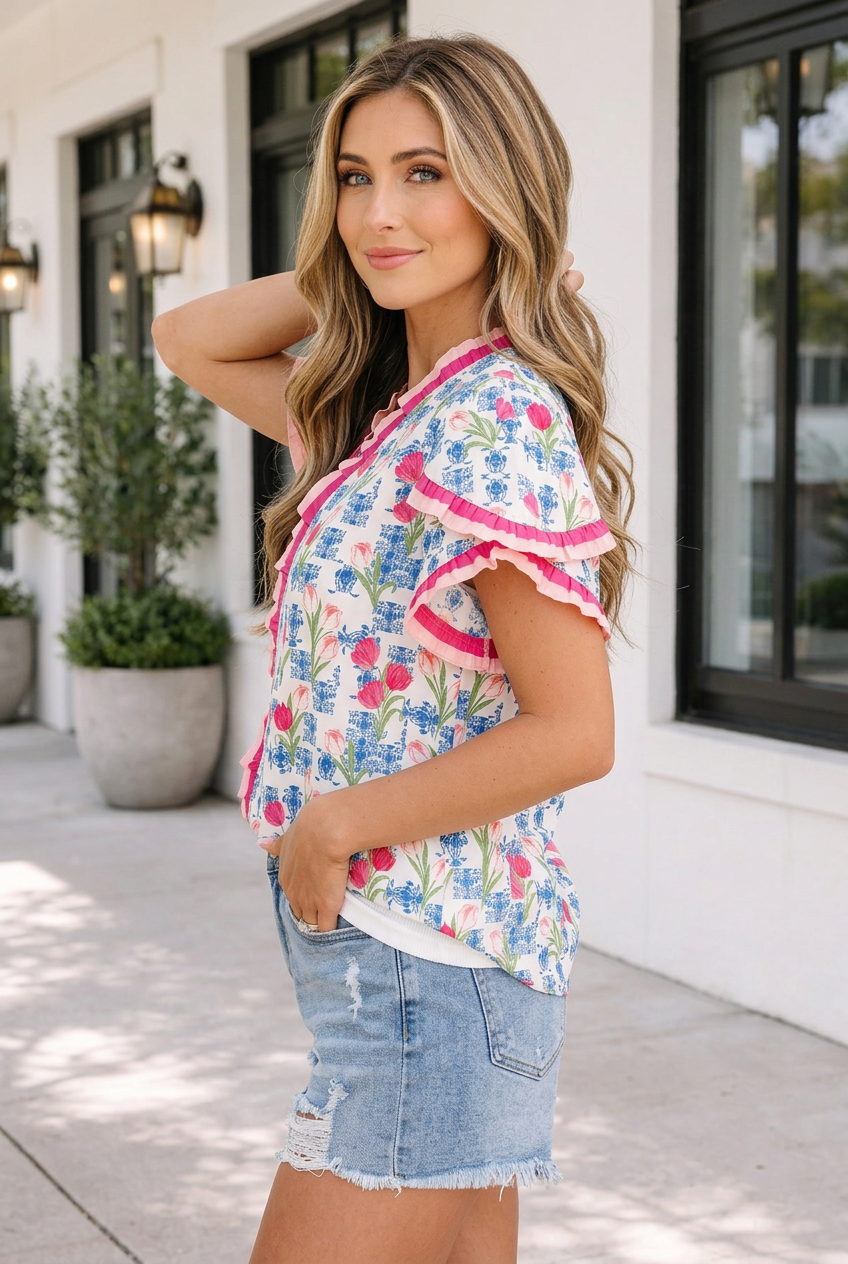 Rose Floral Print Ruffle V-Neck Short Sleeve Loose Tunic Shirt