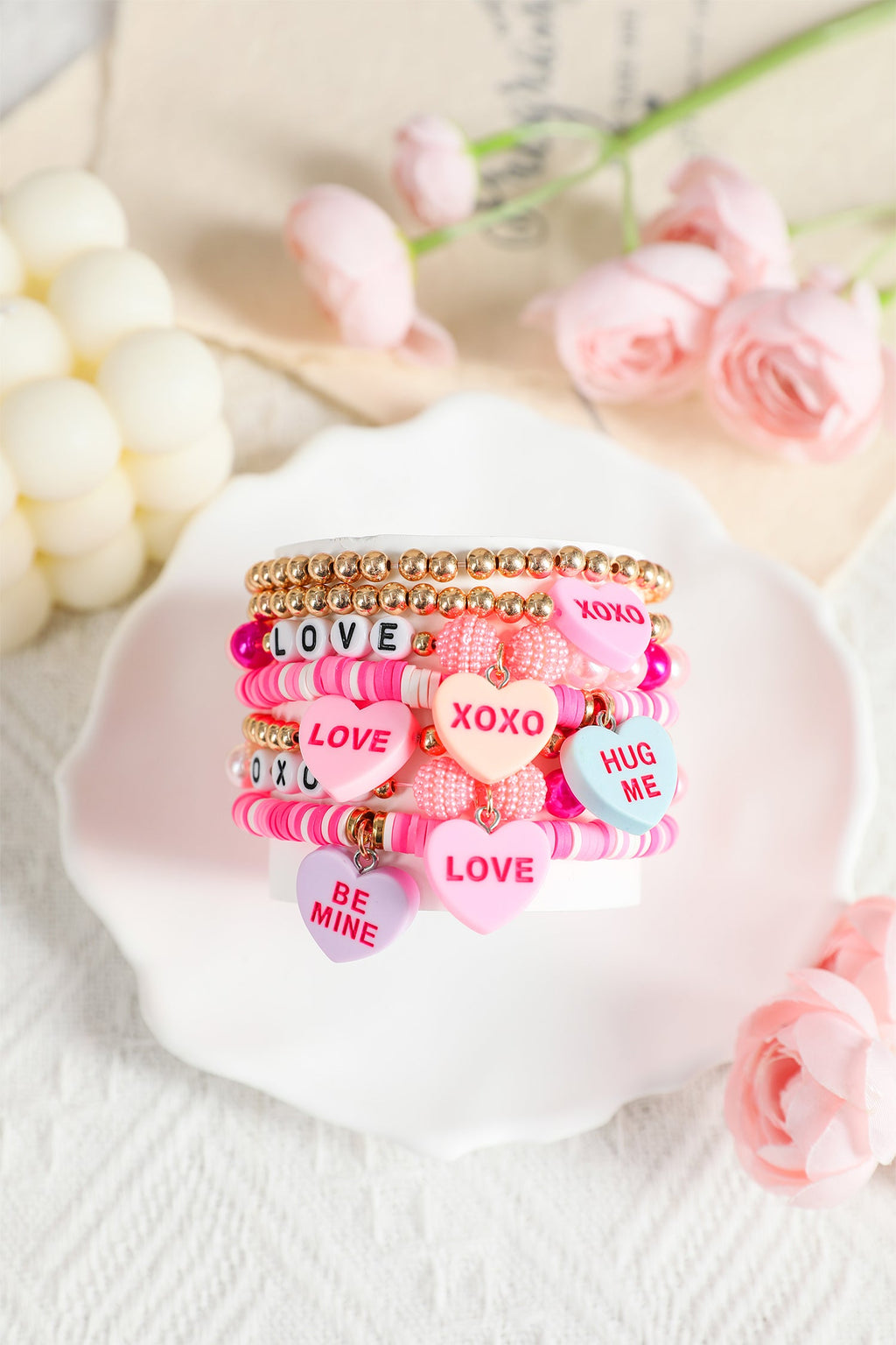 Valentine Heart Pendant Beaded Elastic Bracelet