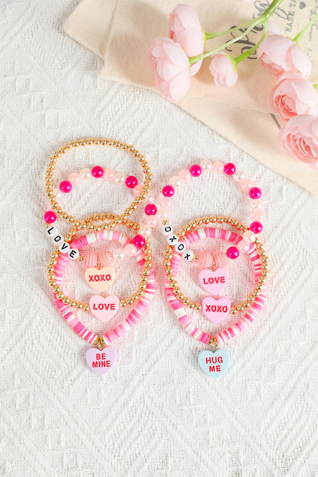 Valentine Heart Pendant Beaded Elastic Bracelet