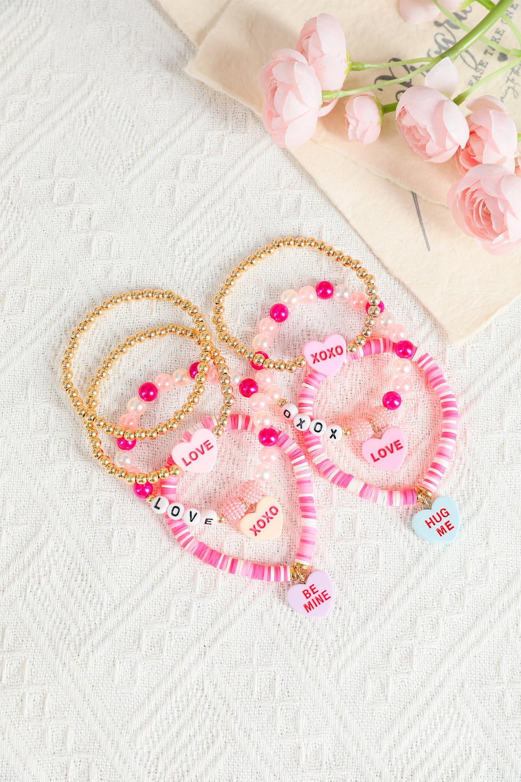 Valentine Heart Pendant Beaded Elastic Bracelet