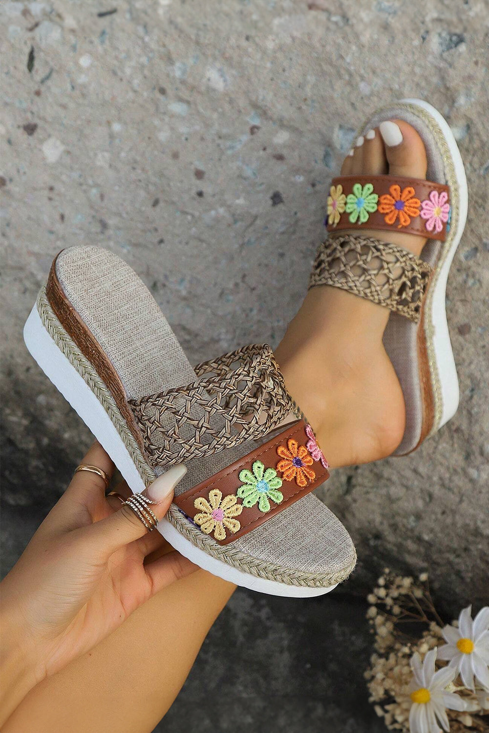 Floral Print Braided Details Wedge Slippers