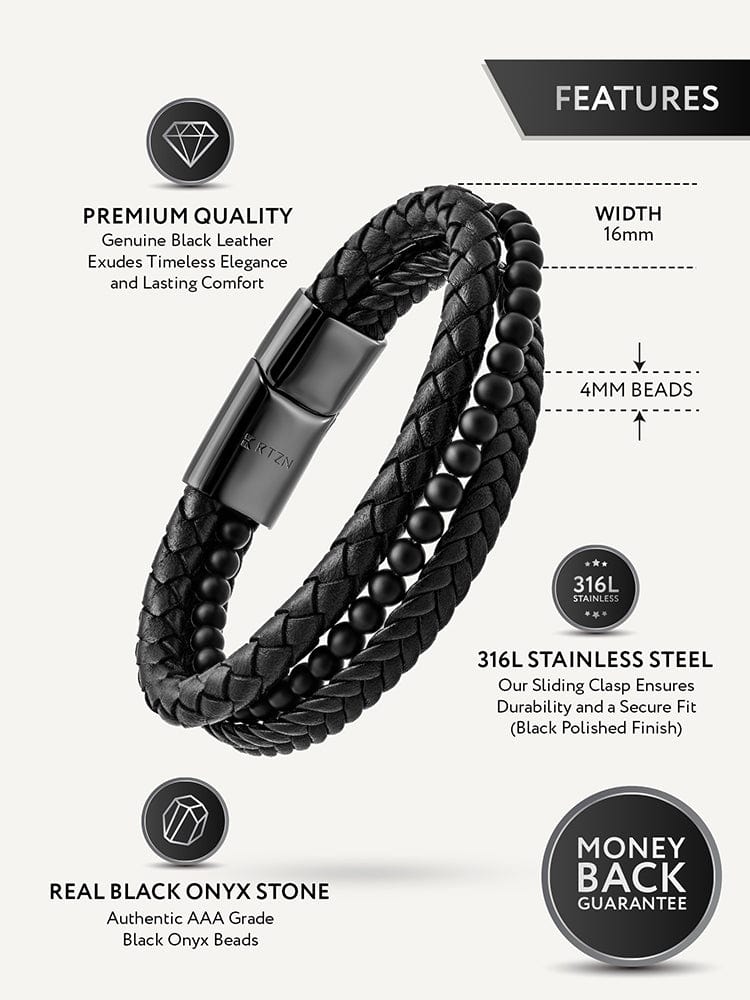 Stacked Black Leather & Black Onyx Bead Bracelet