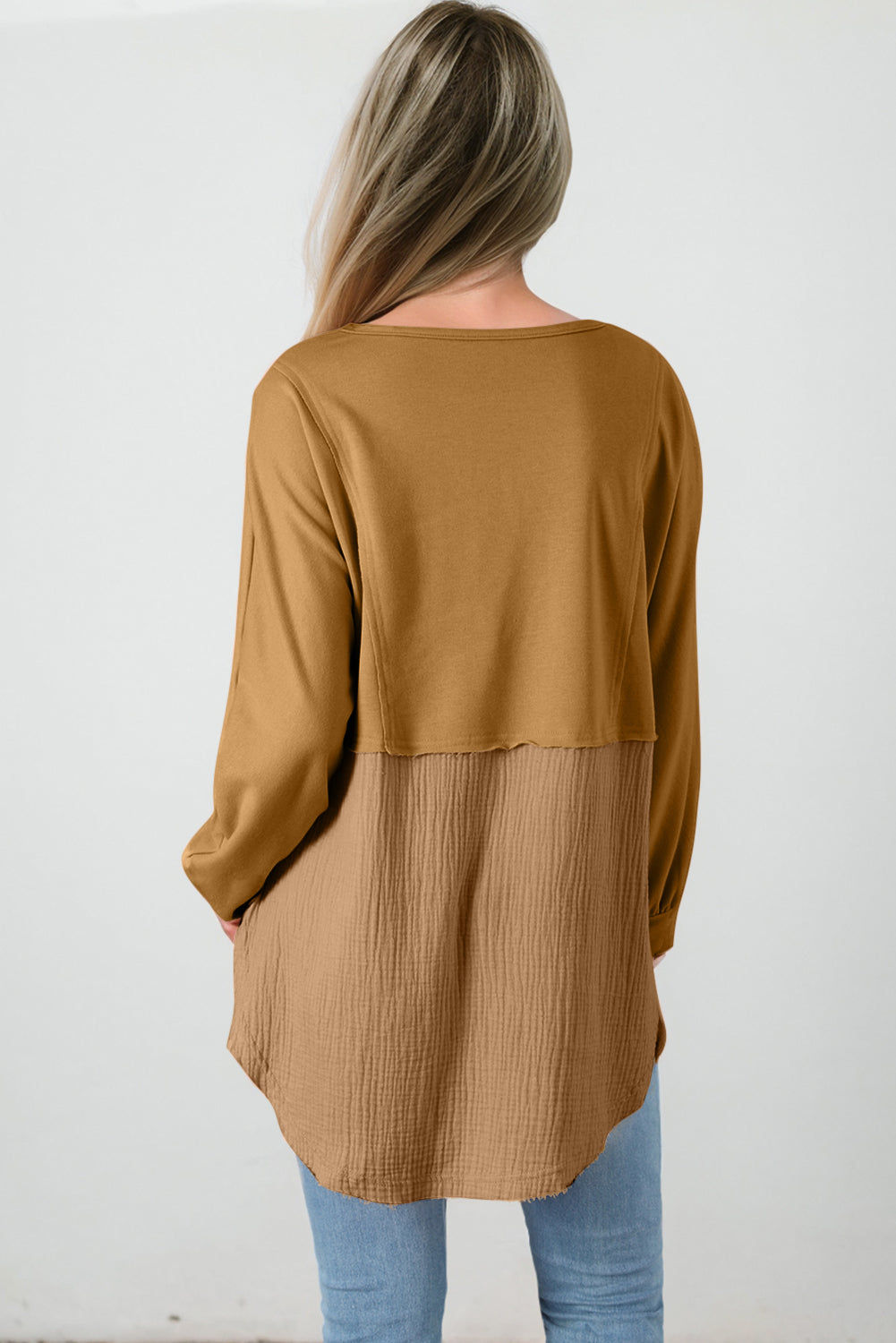 Dahlia Crinkle Splicing Raw Hem High Low Oversized Blouse