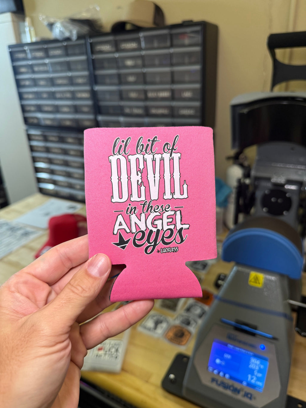 Lil Bit Of Devil in these Angel Eyes Koozie