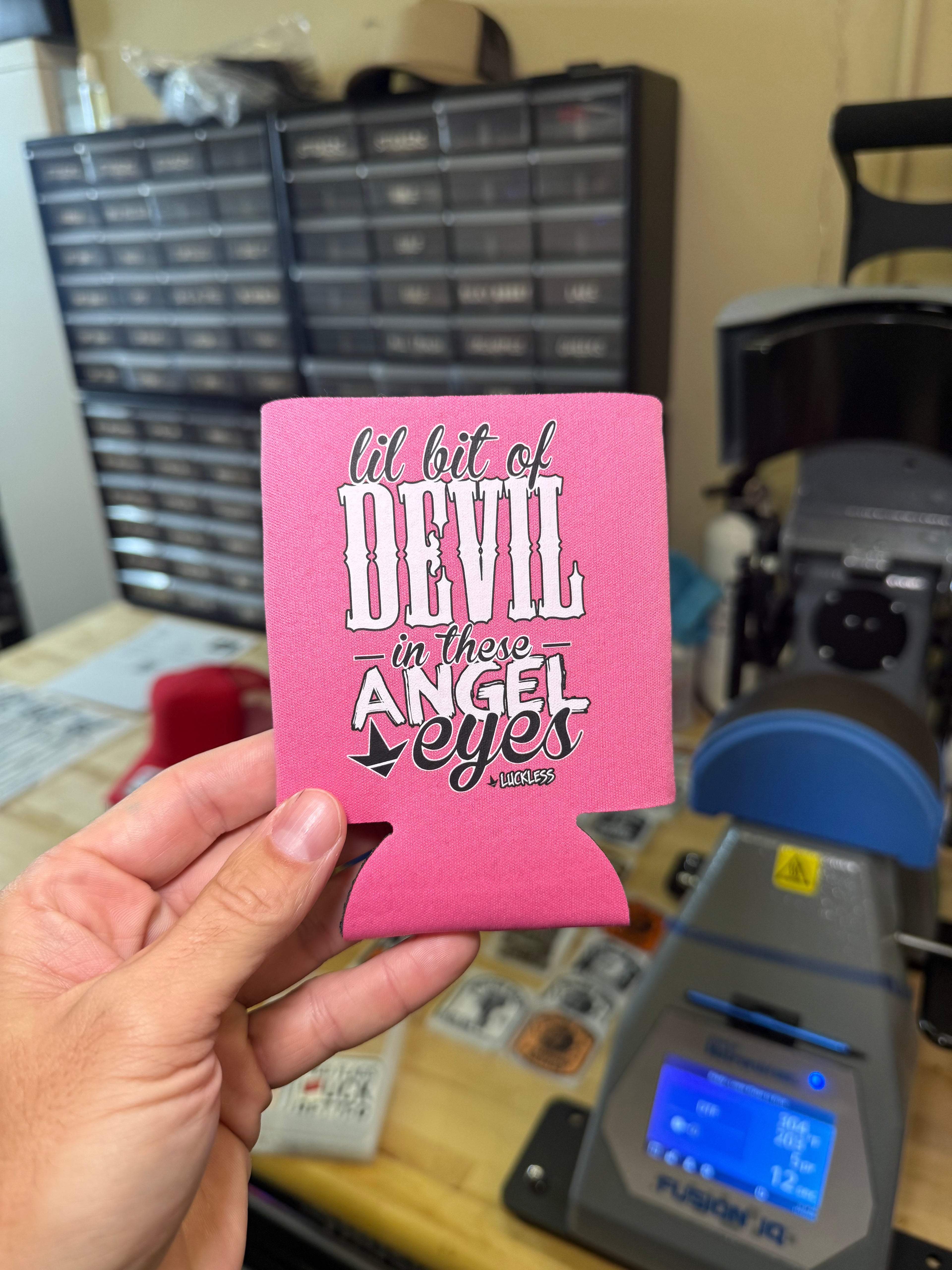 Lil Bit Of Devil in these Angel Eyes Koozie