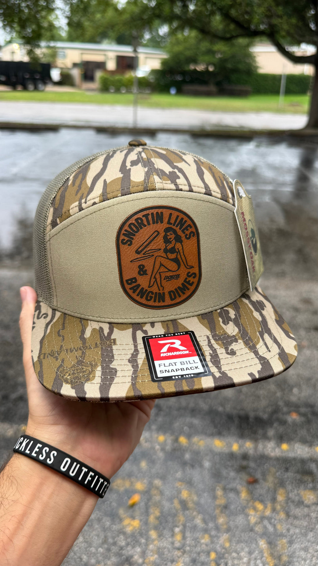 Lines and Dimes | Rawhide Leather Patch Hat Mossy Oak Camo