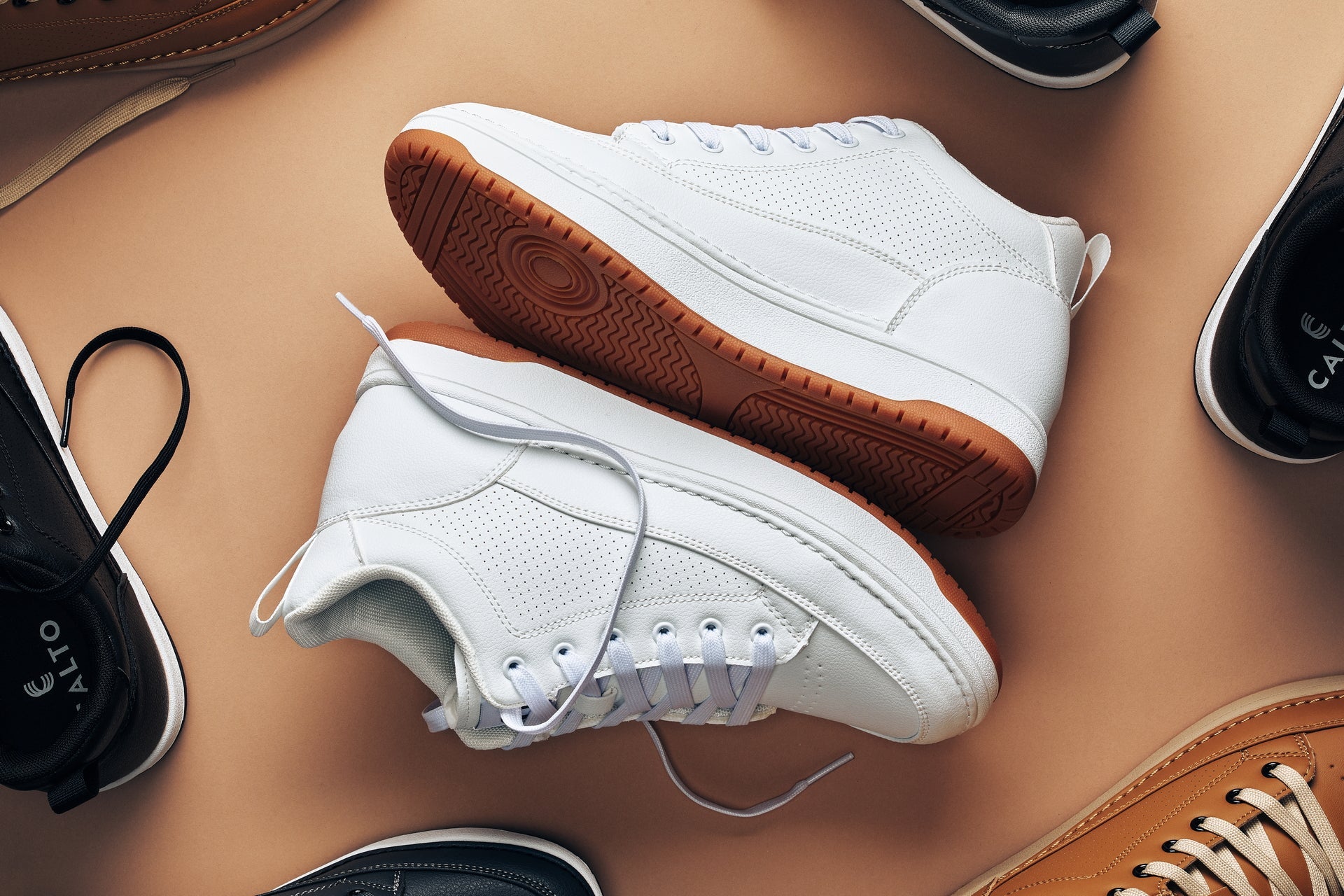CALTO - Q272  - 2 Inches Taller (White & Gum Sole) -Elevated Leatherette Micro-Perforated Sneakers