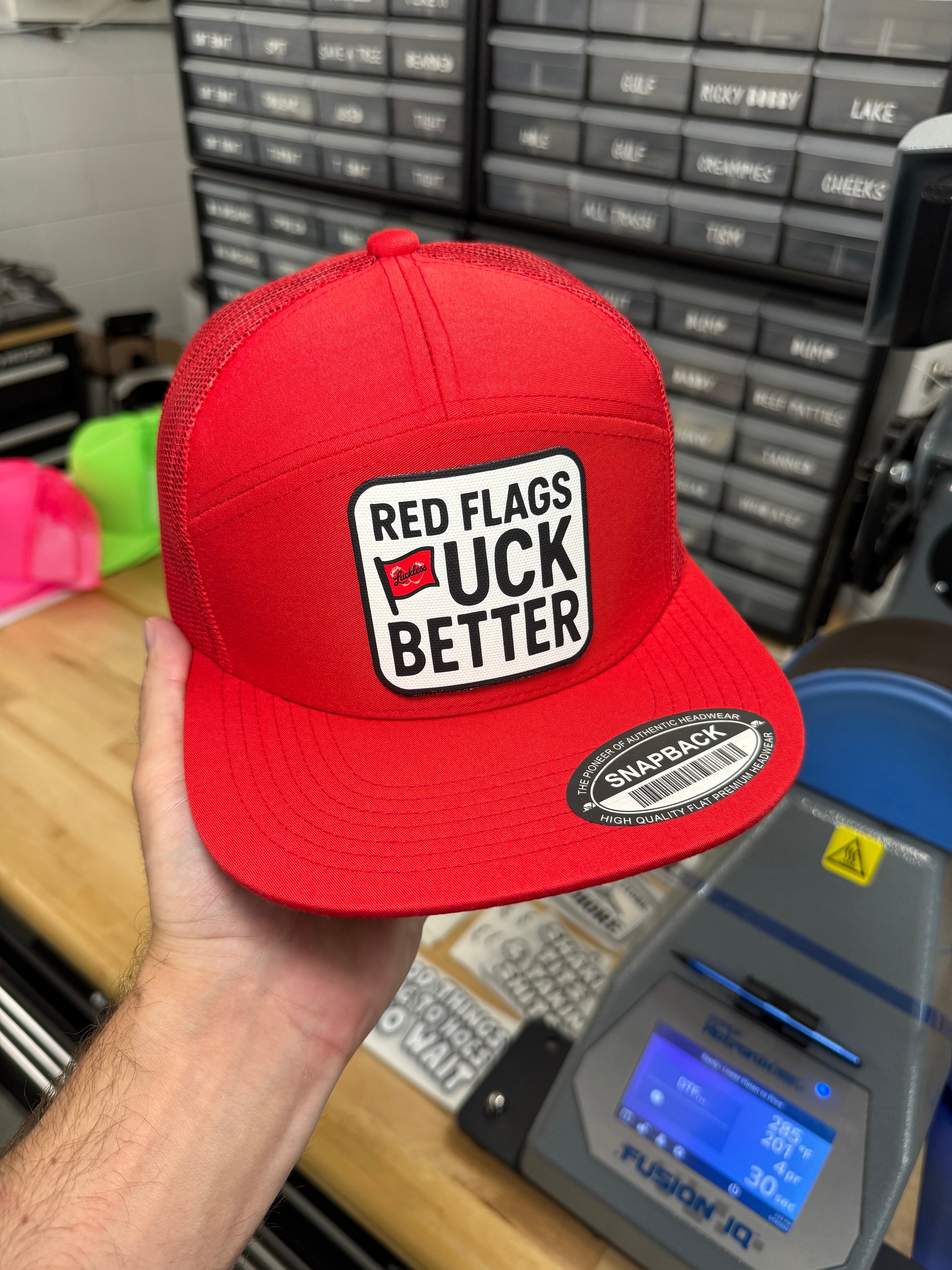 Red Flags Fuck Better | 7 Panel Canvas Patch Hat