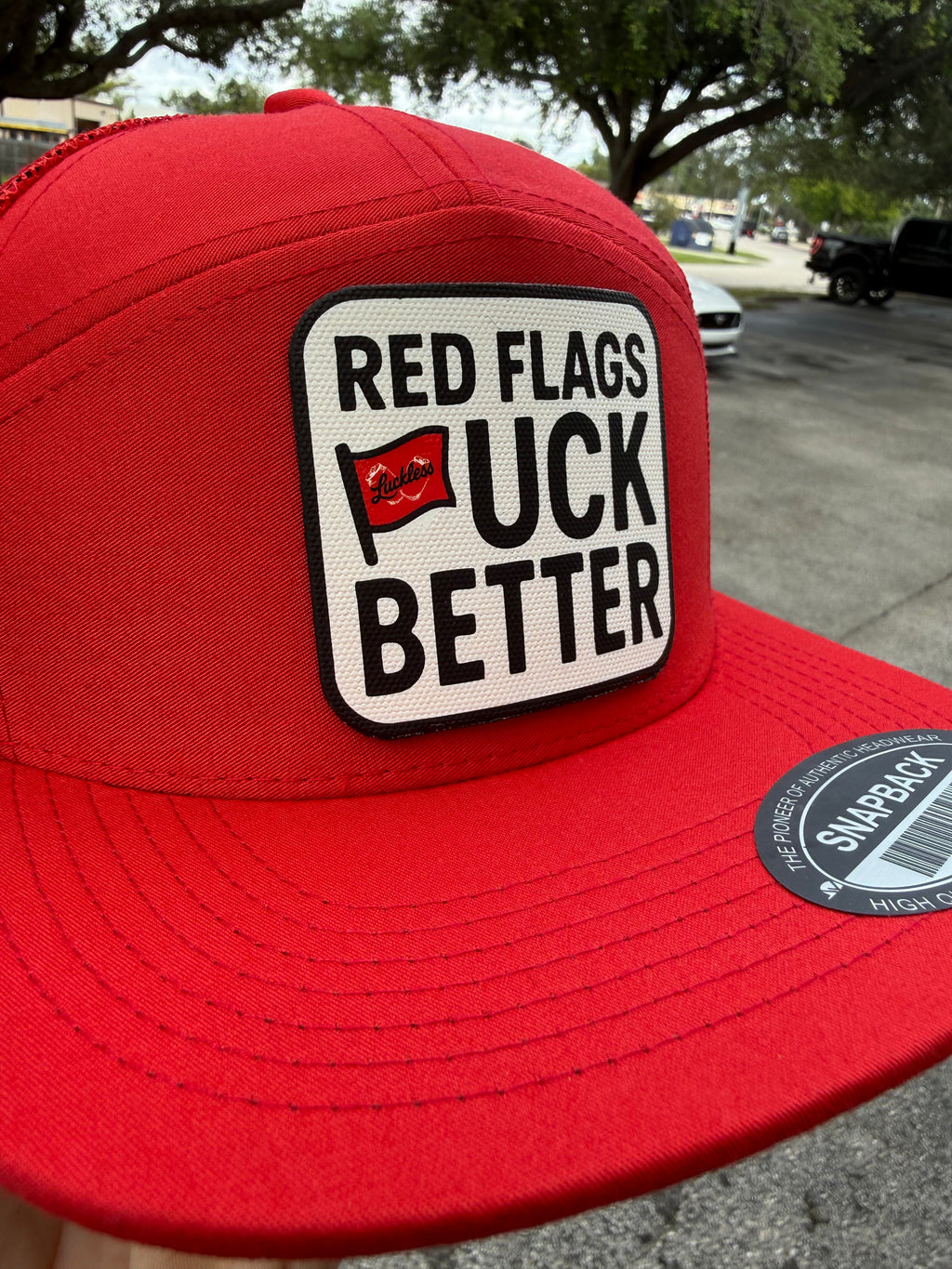 Red Flags Fuck Better | 7 Panel Canvas Patch Hat