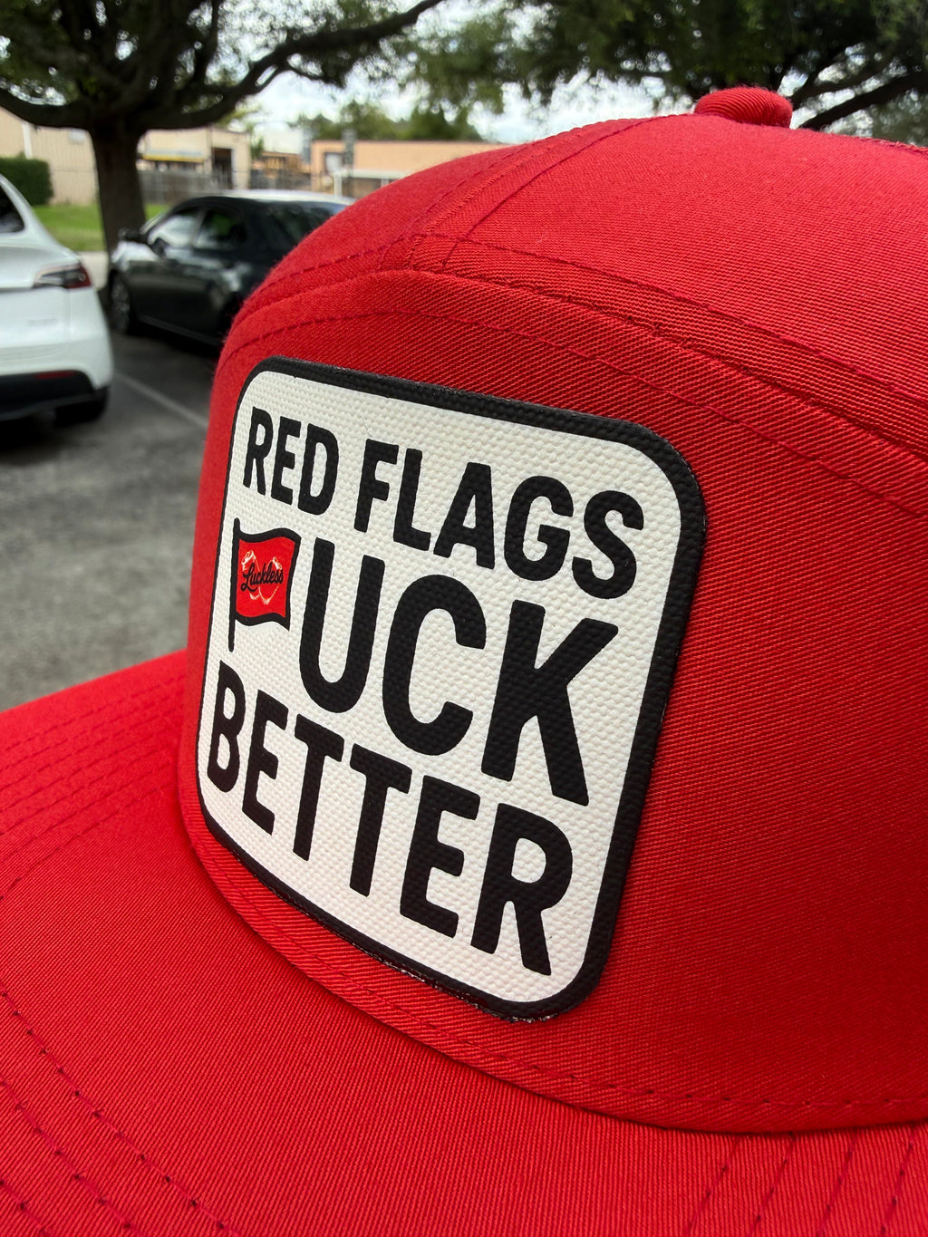 Red Flags Fuck Better | 7 Panel Canvas Patch Hat