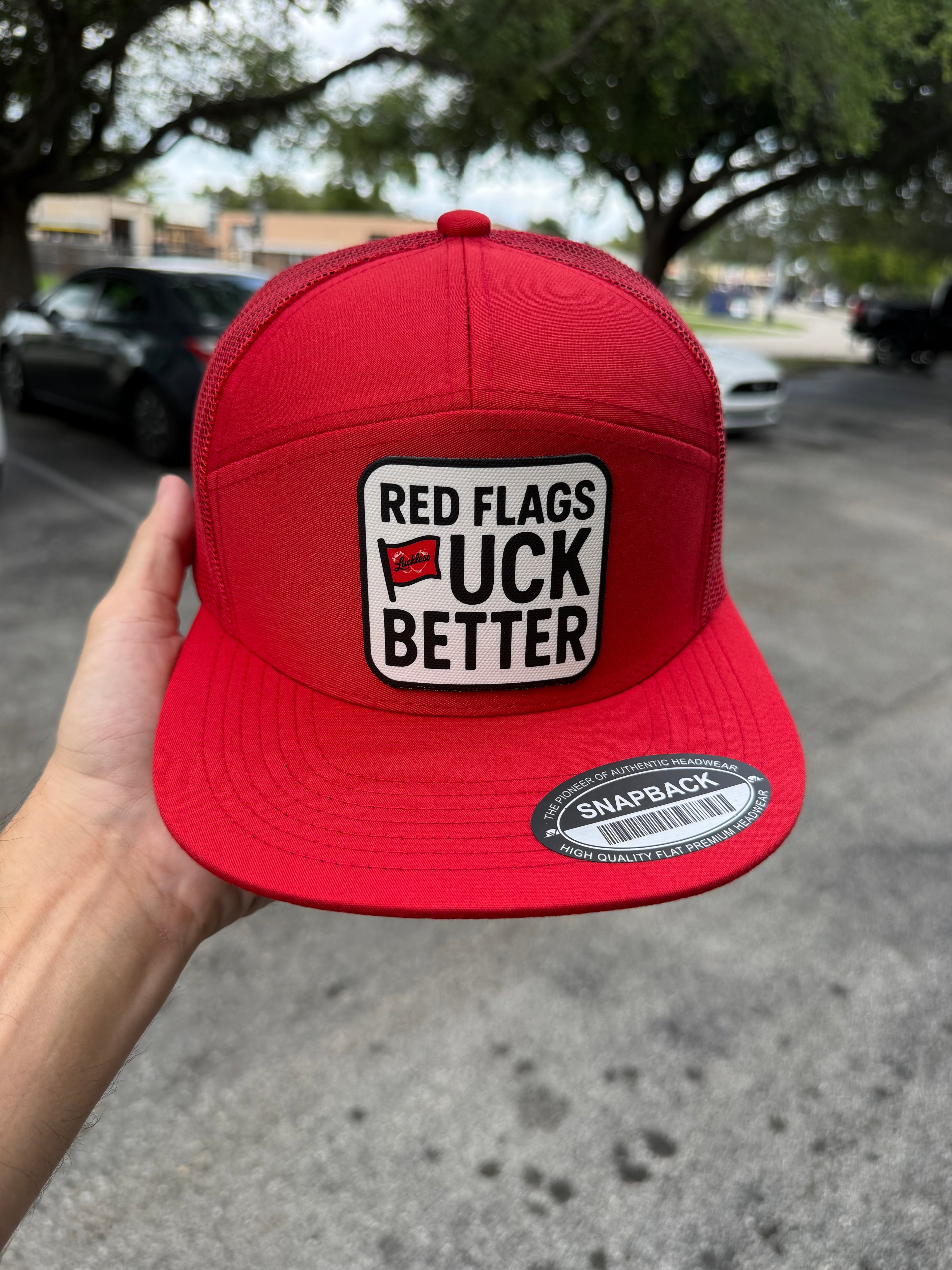 Red Flags Fuck Better | 7 Panel Canvas Patch Hat