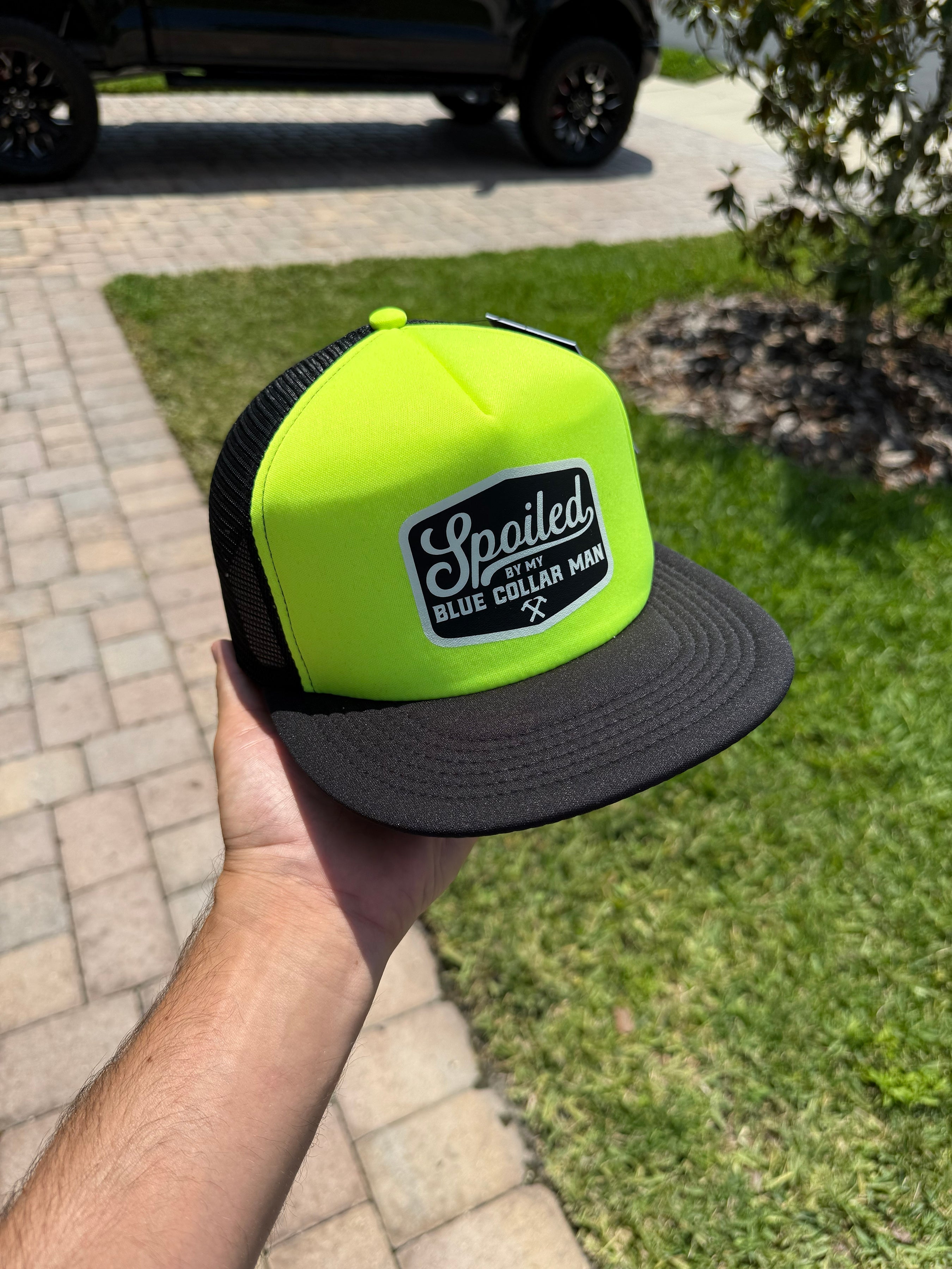 Spoiled By My Blue Collar Man Trucker Hat