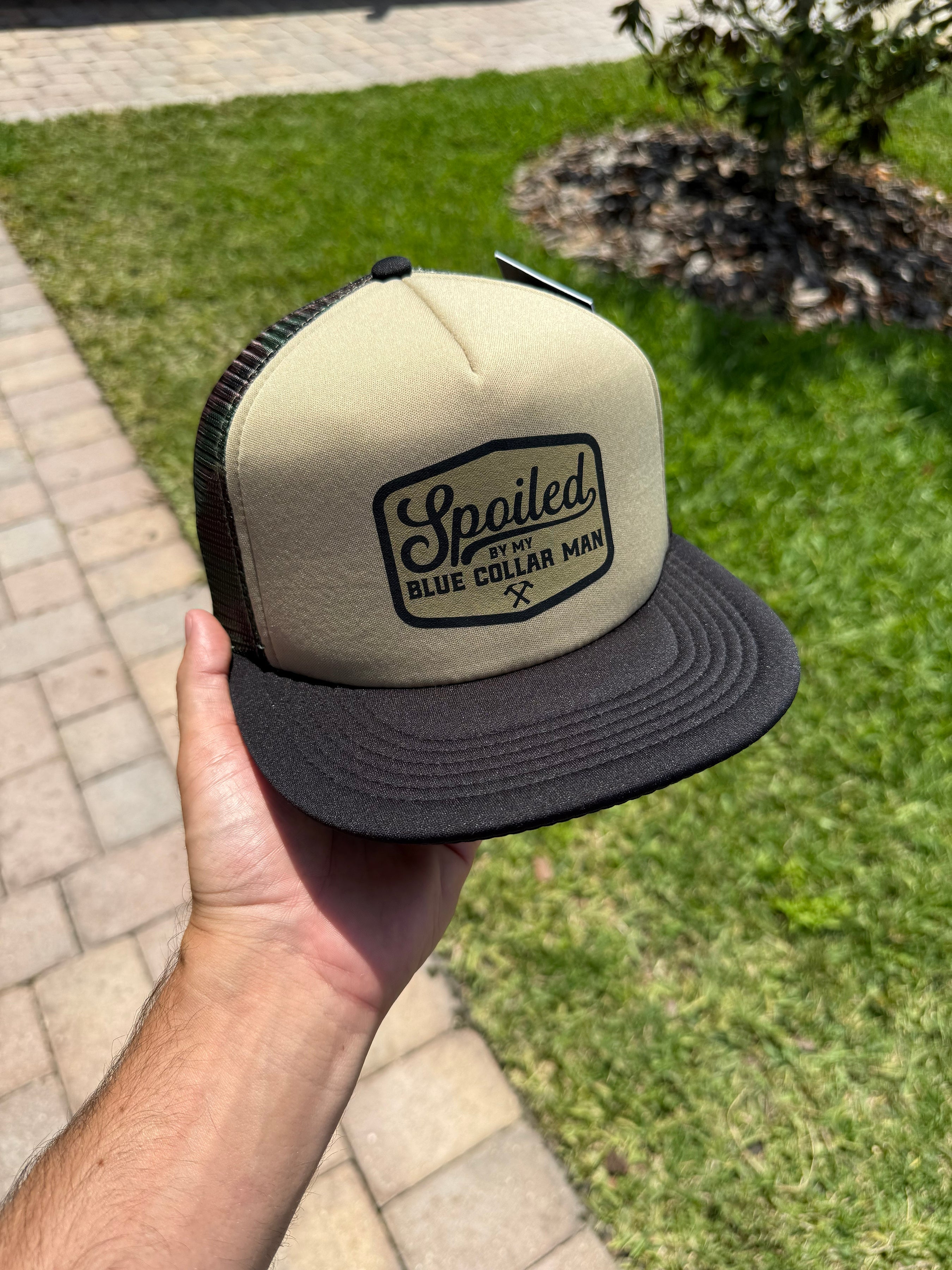 Spoiled By My Blue Collar Man Trucker Hat