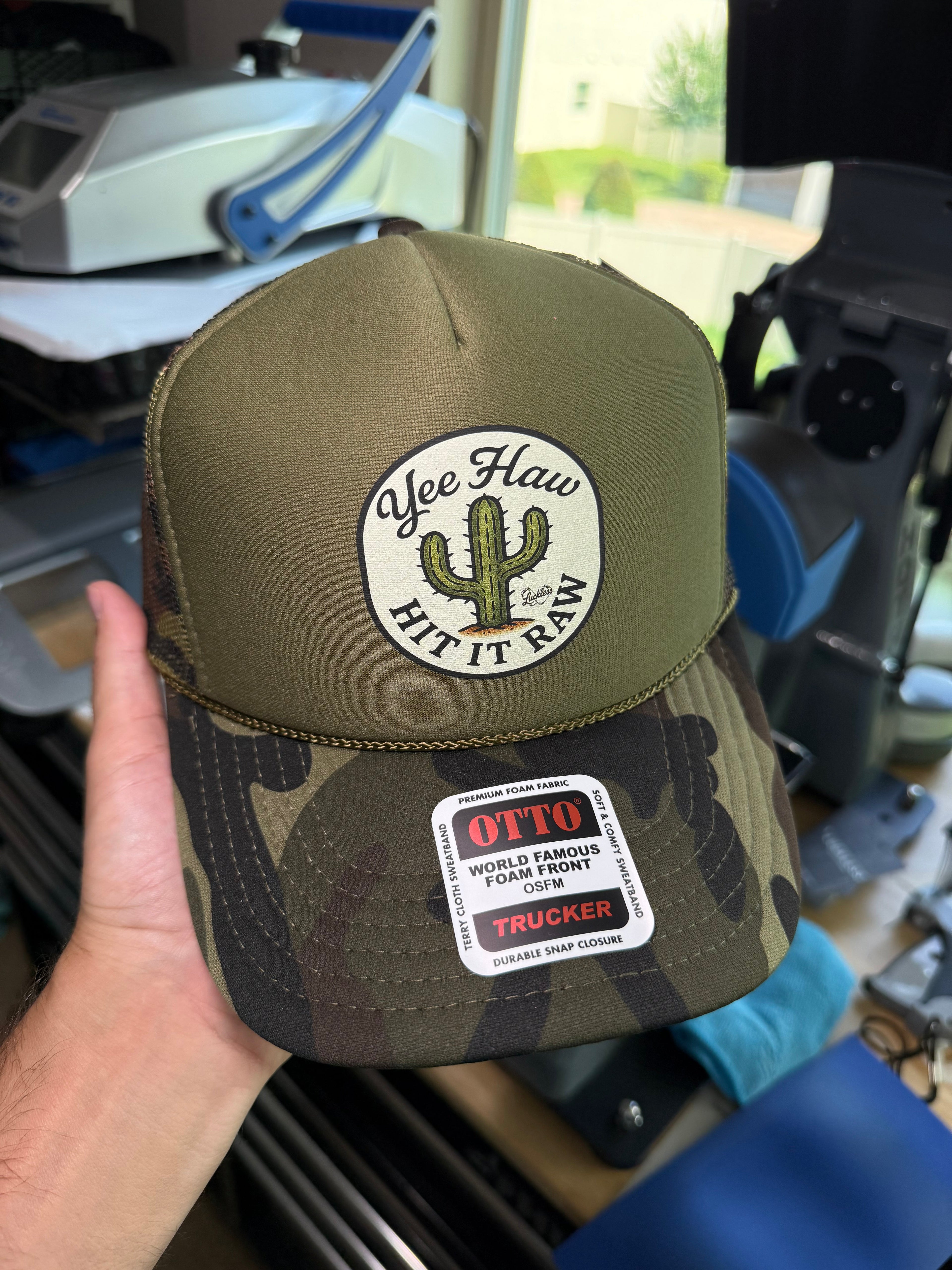 Yee Haw Hit it Raw Camo Trucker