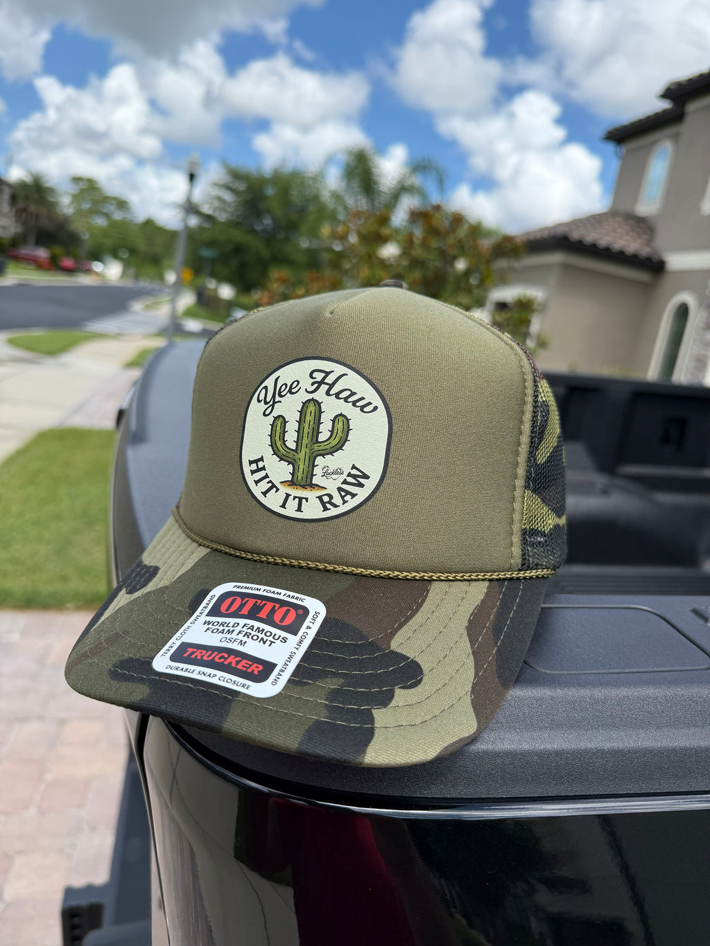 Yee Haw Hit it Raw Camo Trucker